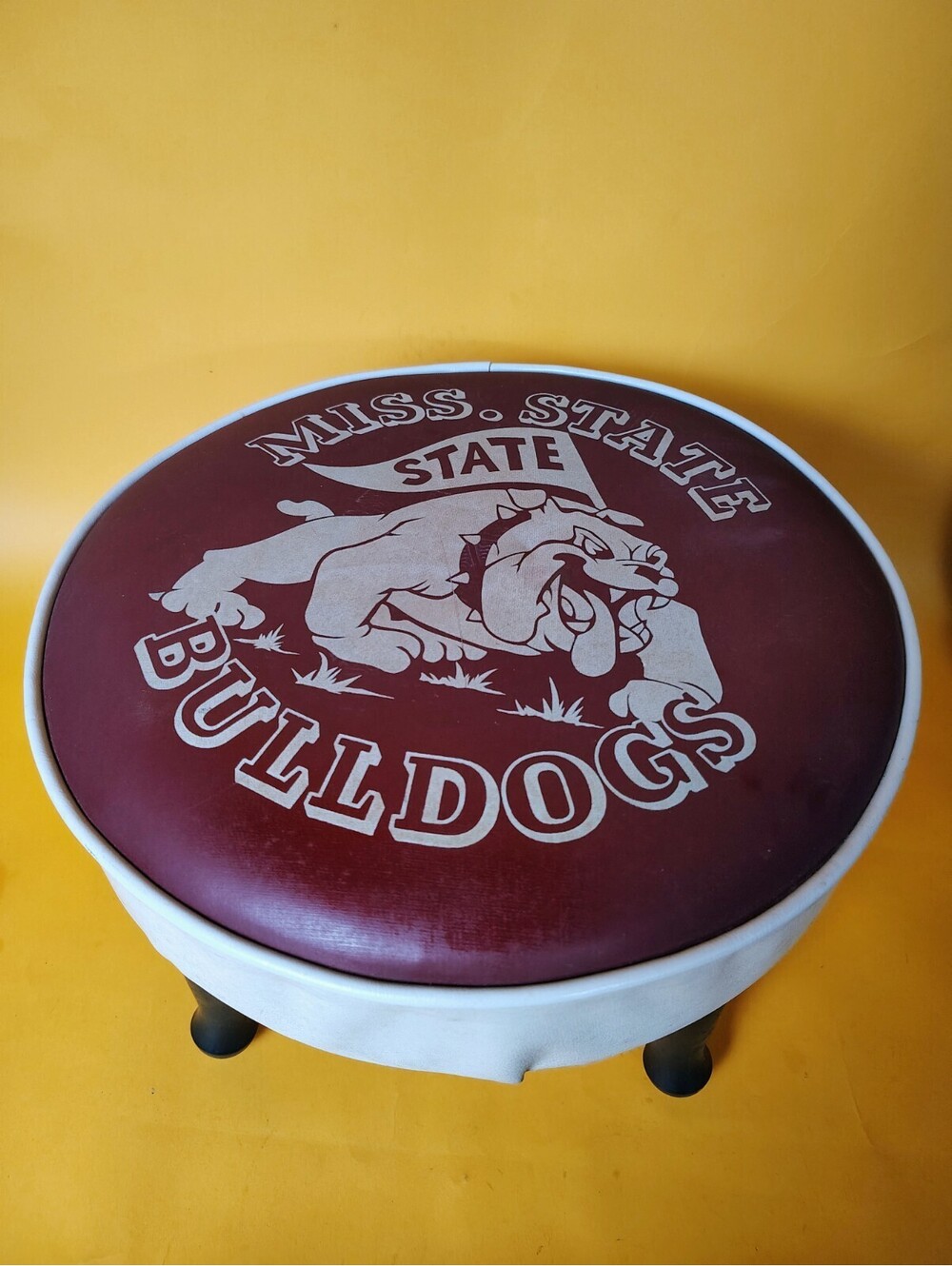 Vtg Mississippi State Bulldogs Footstool 14" Stool Wooden Peg Legs Vinyl Retro